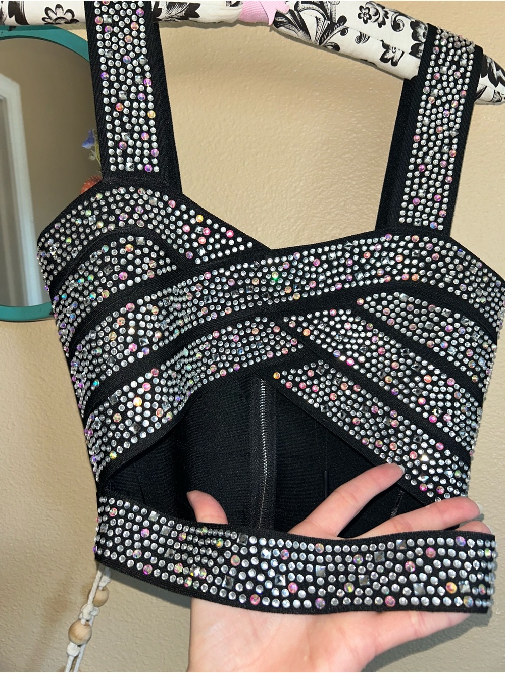 Fashion Nova Black Rhinestone-Embellished Mini Two piece set